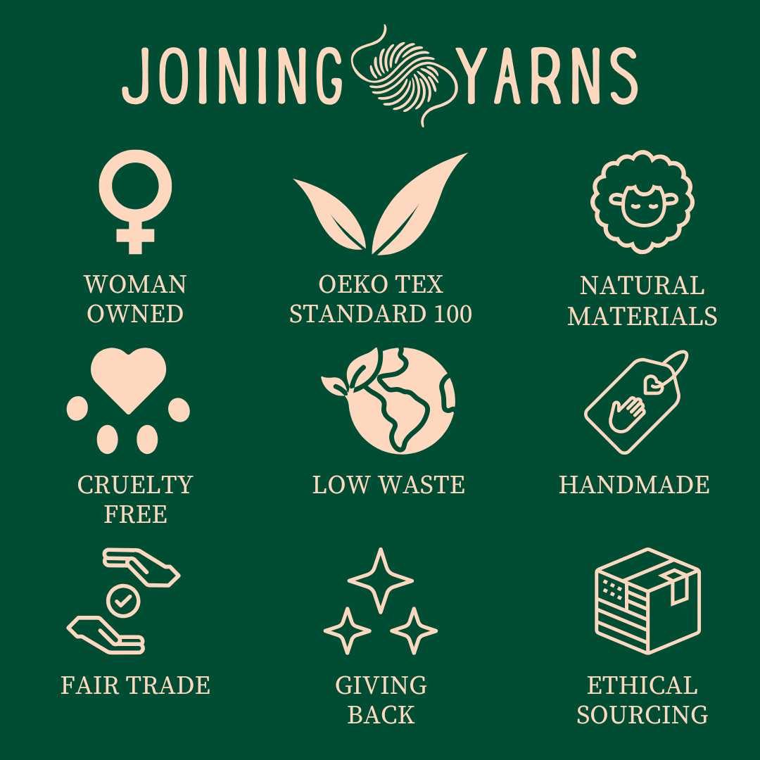 Brand Value Graphic listing Woman Owned, OEKO TEX Standard 100, Natural Materials, Cruelty Free, Low Waste, Handmade, Fair Trade, Giving Back, and Ethical Sourcing