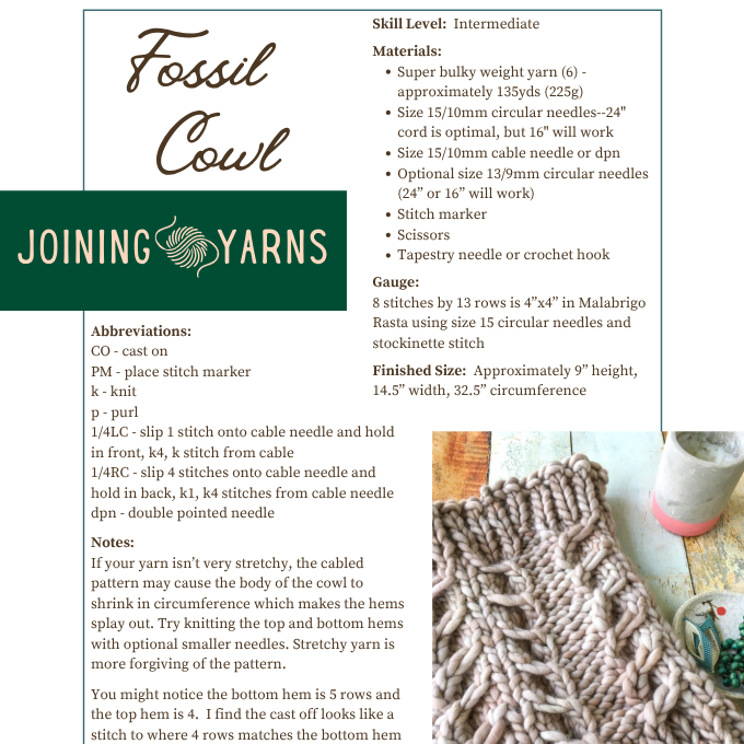 The first page of the Fossil Cowl pattern is shown here. It contains some of the design's abbreviations and materials needed.