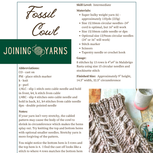 The first page of the Fossil Cowl pattern is shown here. It contains some of the design's abbreviations and materials needed.