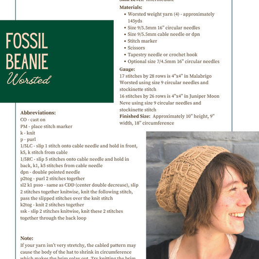 The first page of the Fossil Beanie pattern is shown here. It contains some of the design's abbreviations and materials needed.
