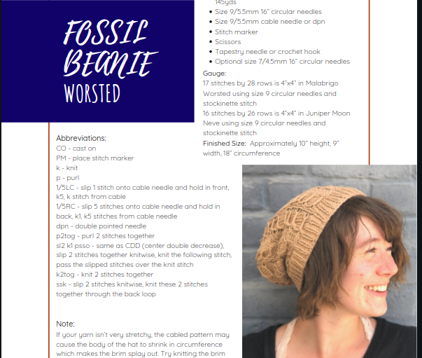 The first page of the Fossil Beanie pattern is shown here. It contains some of the design's abbreviations and materials needed.