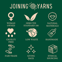 Load image into Gallery viewer, Brand Value Graphic listing Woman Owned, OEKO TEX Standard 100, Natural Materials, Cruelty Free, Low Waste, Handmade, Fair Trade, Giving Back, and Ethical Sourcing
