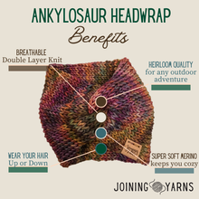Load image into Gallery viewer, Image showing benefits of the Ankylosaur Headwrap, including feeling super cozy in soft merino, heirloom quality, breathable double knit, and wear your hair up or down.
