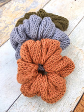 Load image into Gallery viewer, Three scrunchies in a line.  The front scrunchie is copper, middle is gray, and back is olive.
